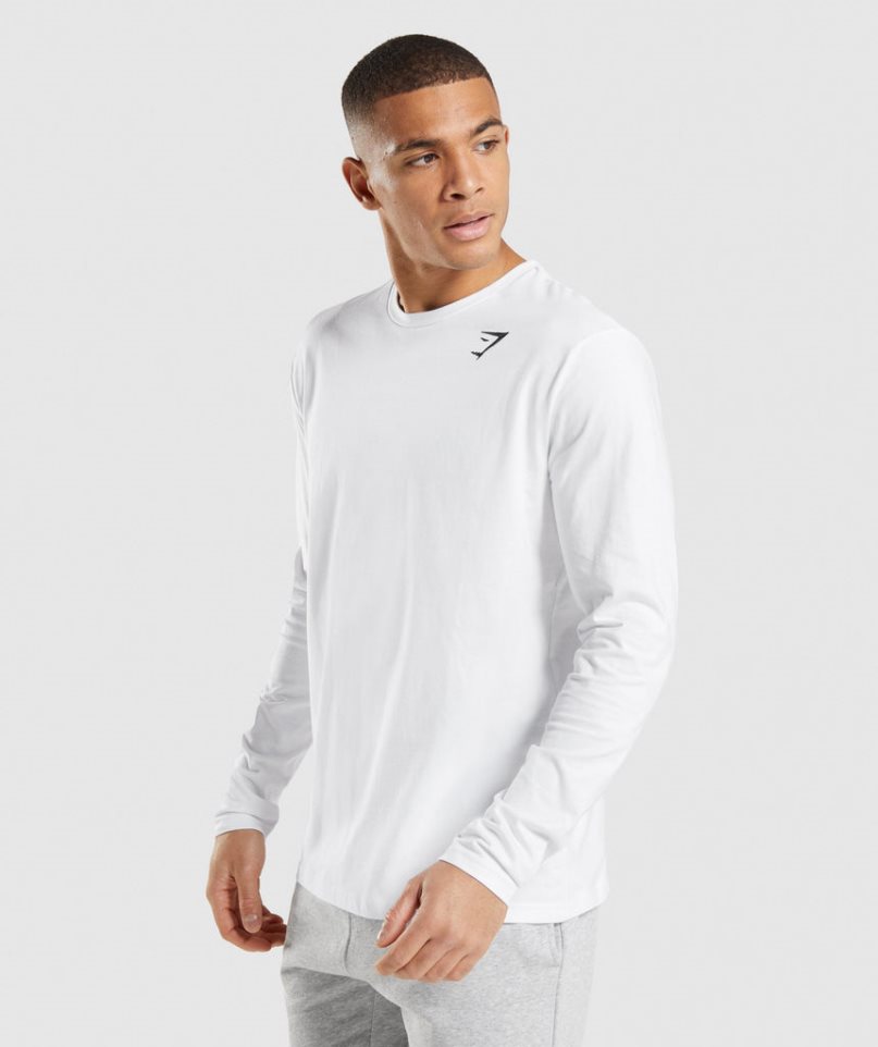 Men's Gymshark Crest Long Sleeve T-Shirts White | CA 078NA3